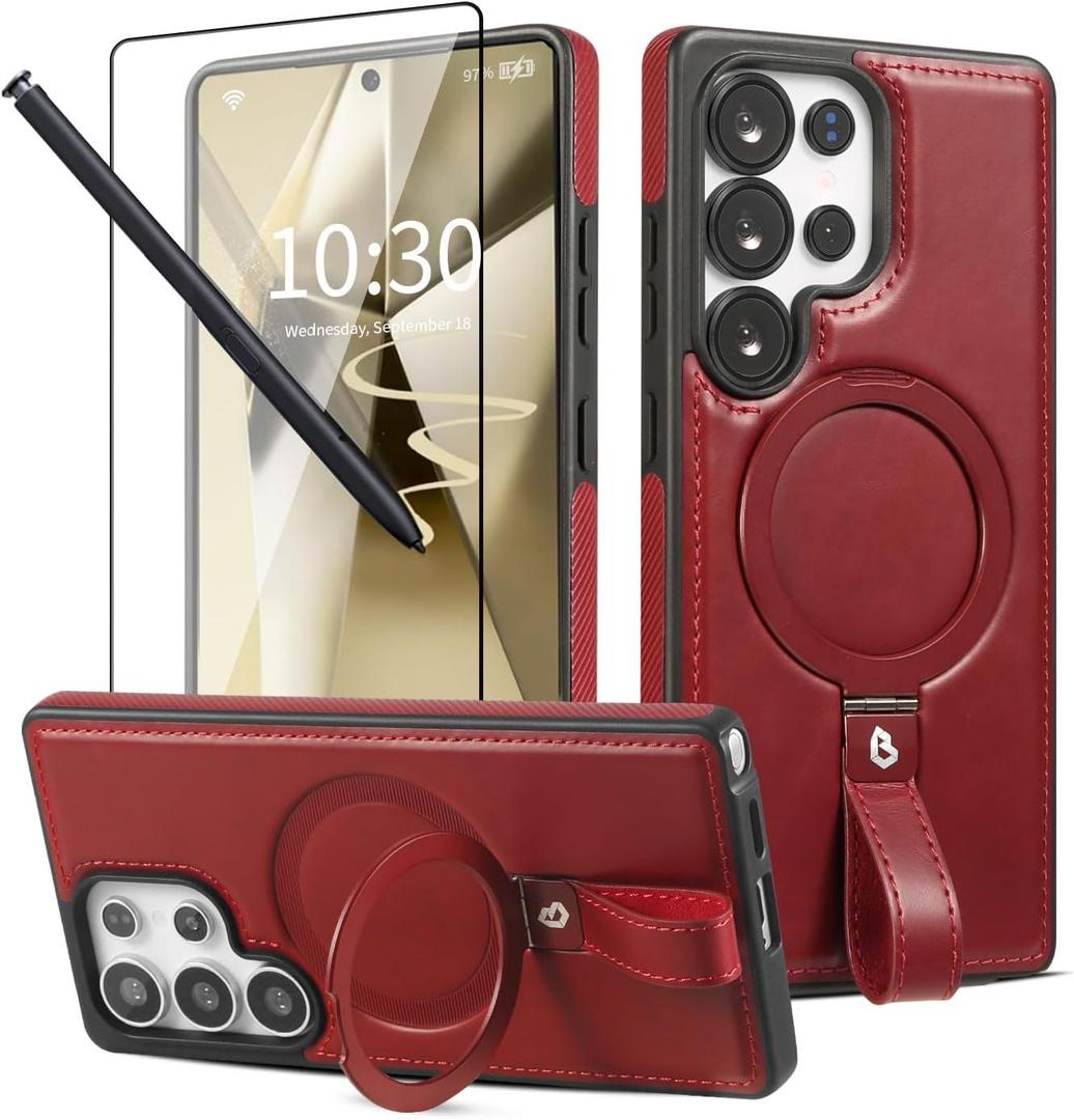 for Samsung Galaxy S25 Ultra Case with Stand, Anti-Slip Shockproof Loop, Compatible with MagSafe, Magnetic Protective Leather Case with Camera Lens and Screen Protector, Burgundy