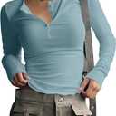 Women's Long Sleeve Tee Shirts Button Down Slim Fitted Basic Henley Tops Fall Ribbed Knit Shirts (Blue, XL)
