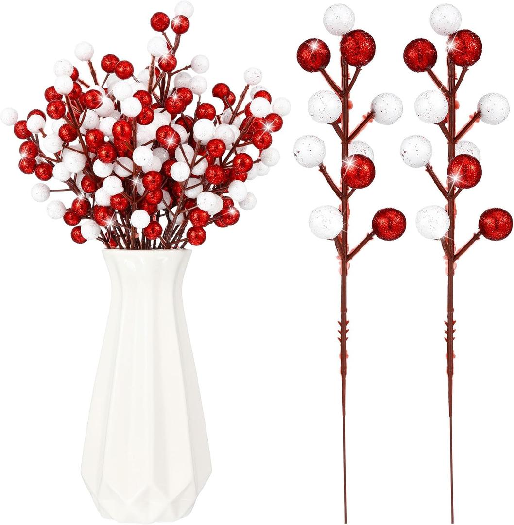 Thiccywoov 24 Pcs Christmas Glitter Berries Stems, 8.8" H Artificial Christmas Picks for Christmas Tree Ornaments, Holiday Wreath DIY Crafts, Xmas and Home Decor(Red, White)