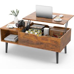 Sweetcrispy Coffee Table Brown, Lift Top Coffee Tables for Living Room, Small Rising Wooden Dining Center Tables with Storage Shelf and Hidden Compartment