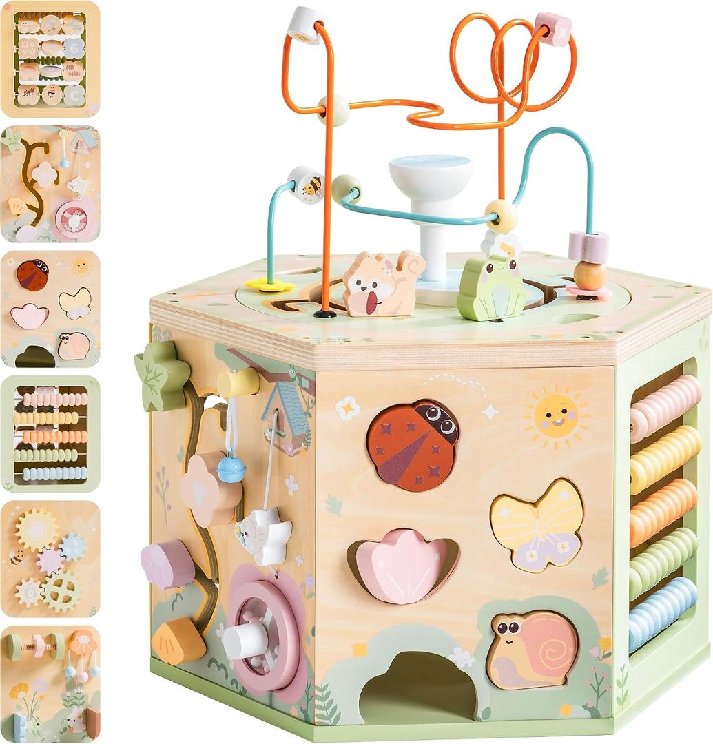 ROBUD Wooden Activity Cube, 13-in-1 Montessori Toys for 1+ Year Old, Educational Learning Toys for Toddlers Age, Fountain Garden Theme for Baby Boys & Girls