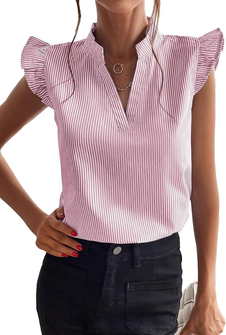Floerns Women's Striped Ruffle Cap Sleeve Tops Summer Blouse Tops V Neck Business Causal Outfits for 2025 (Large)