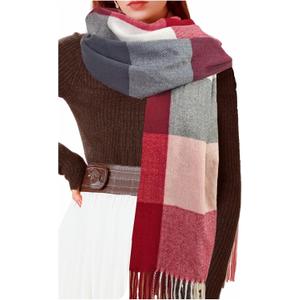 Womens Scarf Winter Blanket Large Scarves Thick Soft Warm Plaid Chunky Scarfs (B-mix Red)