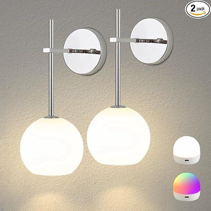 Chrome Battery Operated Wall Sconces Set of 1, Rechargeable Wireless Wall Lights with Milky White Frosted Glass Shade, 12 RGB and 3CCT Dimmable, Wall Lamps with Remote for Bedroom Living Room Hallway