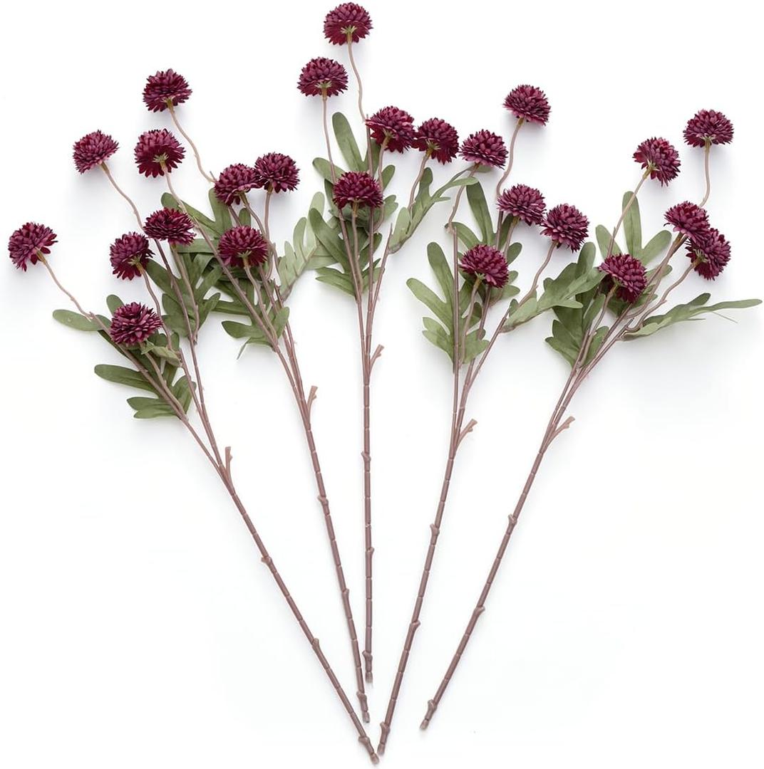 Laelfe 12Pcs Burgundy Flowers Artificial Pompon Mum, Fake Kiku Flowers Silk Small Mini Chrysanthemum Ball Faux Mum Decor for Autumn Filler DIY Bouquet Centerpieces Arrangements Shower (Burgundy)