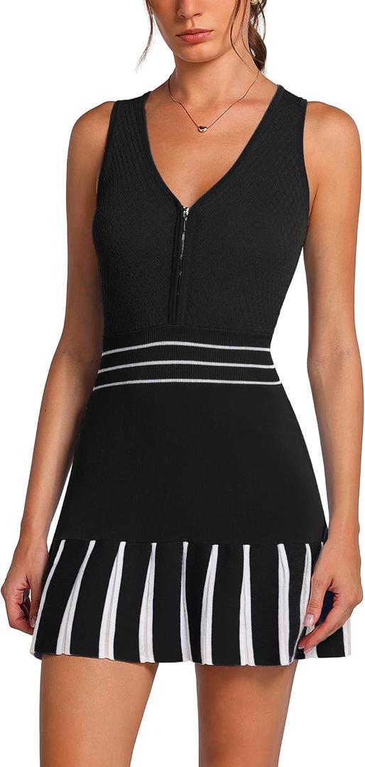 ABOCIW Summer Dress for Women 2026 Vintage Half Zip Knit Sleeveless Tennis Golf Athletic Dresses with Shorts Medium