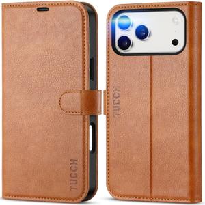 TUCCH Wallet Case for iPhone 17 Pro Max (6.9") 2025, 4 Card Holders | RFID Blocking | Stand | PU Leather | Magnetic Closure | Protective Folio Cover | Shockproof TPU Shell | Light Brown