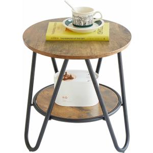 2 Tier Round Side Table, Rustic Brown End Table with Metal Frame for Small Spaces, Accent Coffee Table, Sofa Table, Nightstand Table for Living Room, Bedroom