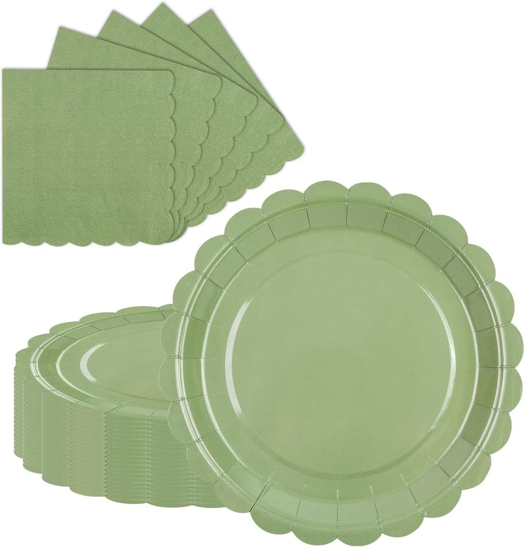 2 x 40 Pcs Party Dessert Plates and Napkins Sets Sage Green 9" Paper Plates and 6.5" Napkins Party Supplies Tableware Decoration For Birthday Picnic