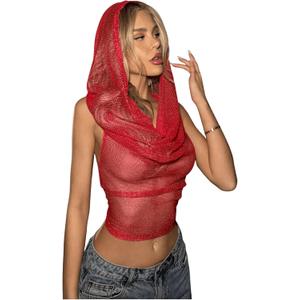 Floerns Rave Outfits for Women Sexy Backless Hoodie Draped Halter Tank Top Going Out Concert Festival Party Streetwear (Small, Red Mesh)