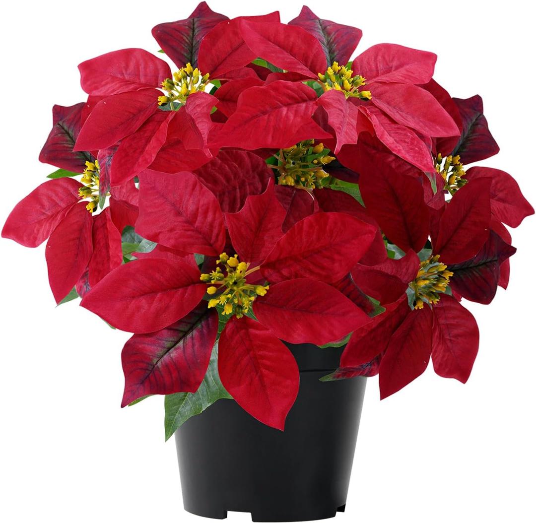 WOBUBU Poinsettia Plants Artificial 9 Heads 14 Inch Fake Poinsettias Christmas Flowers in Pot for Home Porch Office Indoor Outdoor Christmas Winter Decorations Hot Red (1PC)