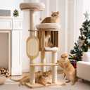 Modern Solid Wood Cat Tree for Indoor Cats Large Adult, 50in Tall Cat Tower with Sisal Scratching Posts, Cat Scratcher Cardboard, Cozy Cat Beds Cave Condo, Multi-Level Cat Furniture