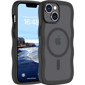 Hualele Magnetic for iPhone 13 & iPhone 14 Case, Compatible with MagSafe, Military Grade Dropproof Translucent Matte Back Cute Curly Wave Edge Slim Phone Case,Black