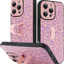 KANGHAR for iPhone 16 Pro Case Purple Leopard Print Pattern Cute Cheetah Wristband Stand Phone Cover for Women Girls Men Shockproof Slim Protective Cover for iPhone 16 Pro 6.1 Inch