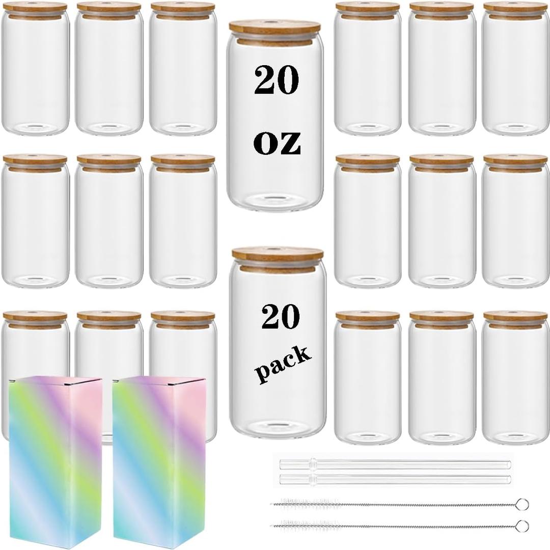 Sublimation Glass Can Cups With Bamboo Lids and Straws,16oz Beer Container Blank 20Pack