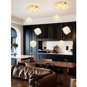 3-Lights Pendants Lightfor Kitchen lsland Chandeliers Dining Room,Square Entryway Light Fixture Hanging Adjustable Height Gold Crystal Chandeliers for Bedroom Hallway Foyer