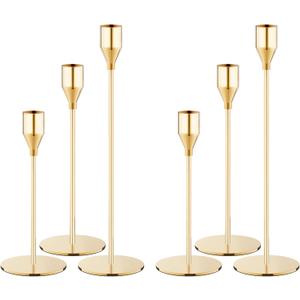 Gold Taper Candle Holders Set of 6, Metal Candlestick Holders for Table or Mantel Decor Centerpiece, Candle Stick Holder Decor for Wedding, Dinning, Party or Anniversary