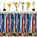 Wooden Medal Hanger Display Trophy Holder Shelf with 25/37/49/65/83 Hooks Wall Mount Ribbon Holder Gift for Gymnastics Running Soccer Awards (4ft/47inch)