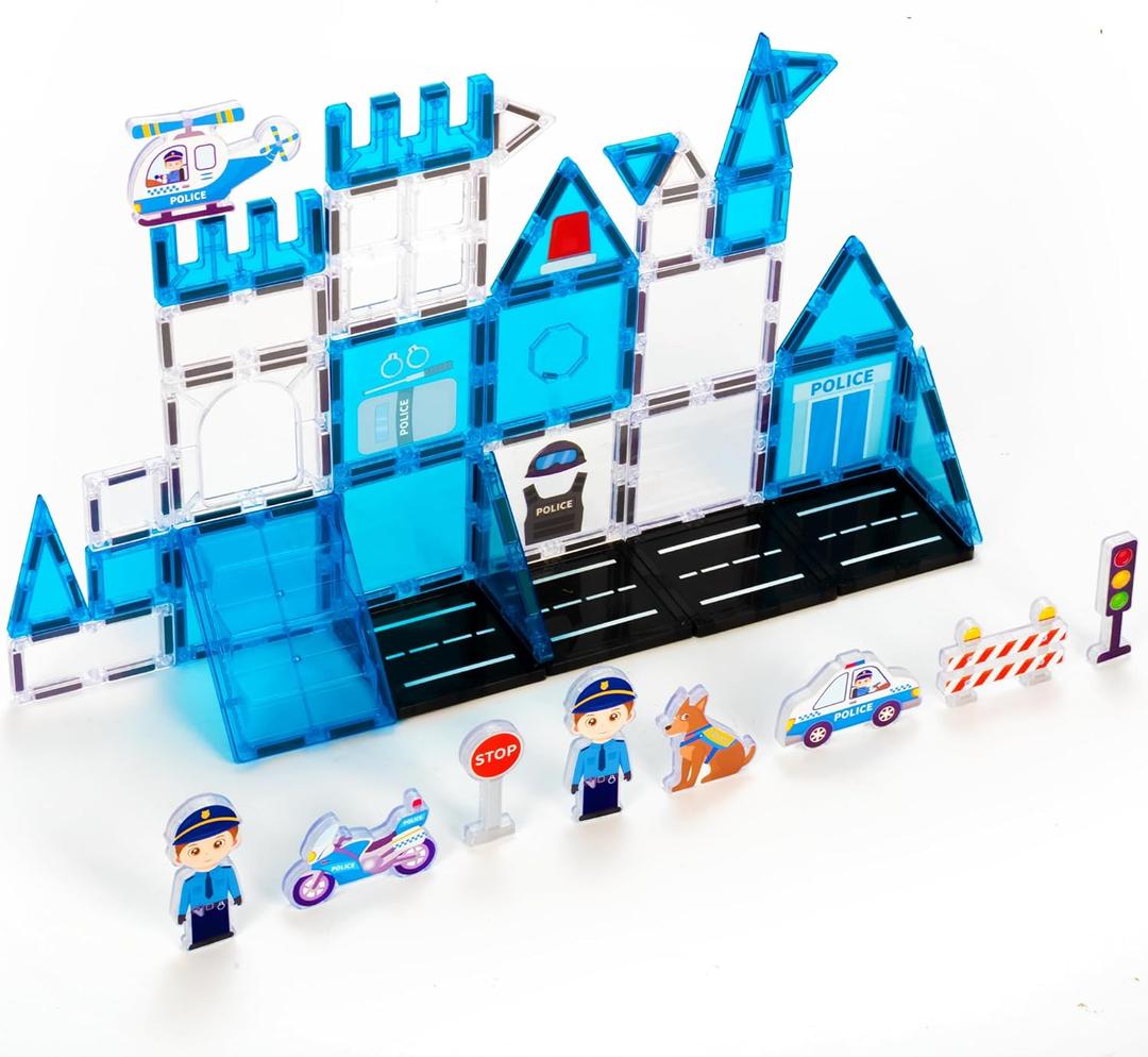 cossy Magnetic Tiles Police Set, Magnet Tiles with Policeman, Magnetic Tiles for Kids Ages 4-8, STEM Toys, Magnet Blocks for Boys and Girls, Creative Building Toys, Police