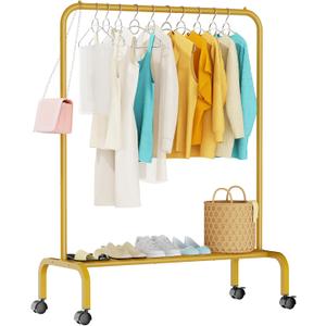 Rolling Clothing Racks for Hanging Clothes, Garment Rack for Clothes to Hang, Metal Portable Wardrobe Rack for Coats, Jackets, Shirts, Dress,Warm Gold