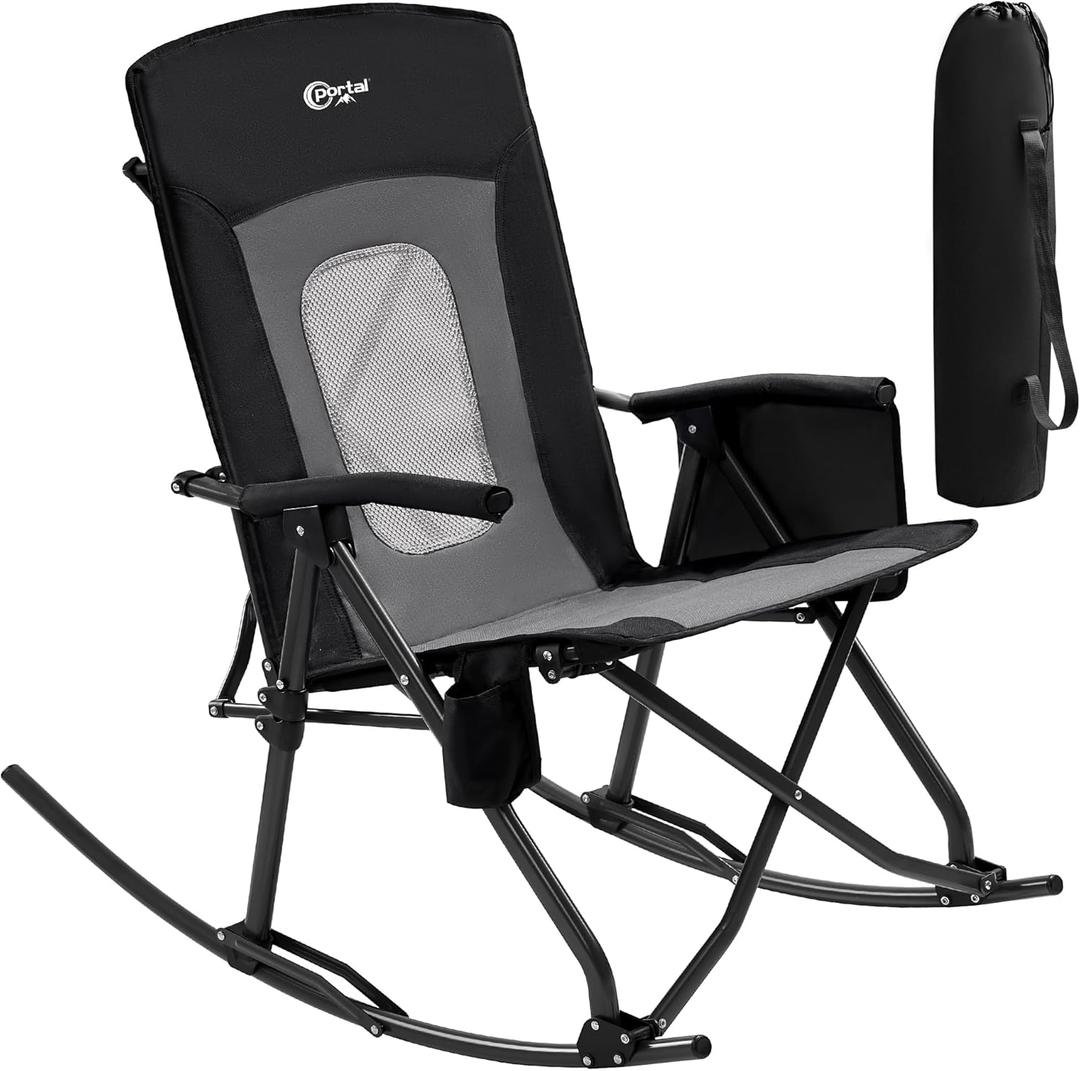 PORTAL Oversized Folding Rocking Camping Chair Portable Outdoor Rocker with High Back Hard Armrests Carry Bag, Supports 400 lbs, Mesh Back (M-black Grey)