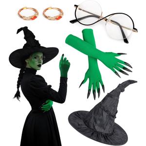 6 Pcs Witch Cosplay Costume with Witch Hat Glasses Ring Gloves Accessories for Halloween Movie Cosplay Props Role Playing Party
