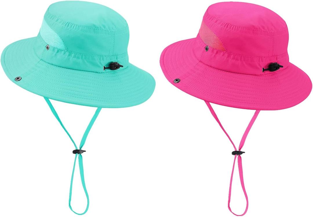 Century Star Outdoor Kids Sun Hat UPF 50+ Quick Dry Adjustable Bucket Hat Windproof Waterproof Beach Fishing Safari Hat (5-13 Years, 2pcs Rose Red & Lake Blue)