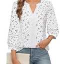 Unixseque Blouses for Women Dressy Casual 3/ 4 Sleeve Womens Business Casual Tops Henley V Neck White Dress Shirts Professional Clothes for Work Inter Tops Fall Summer Office Attire Swiss Dot, Medium