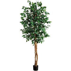 Nearly Natural 74in Triple Trunk Artificial Ficus Tree with Natural Wood Trunks, Fake Tree for Indoor Home Dcor, Faux Ficus Tree with Black Nursery Pot (6ft 2in)