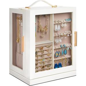 360 Rotating 5Drawers Jewelry Box with Top Handle & Glass Window, Spacious Vertical Jewelry Organizer, Jewelry Storage Case, Dustproof & Moistureresistant Design. (White)