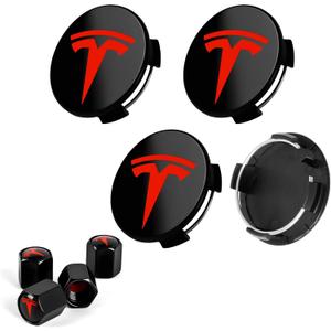 4 PCS Car Wheel Center Cap for Tesla Model Y & Model 3, Car Hubcaps with Logo Emblem and 4 Valve Stem Caps, 2.2 in ABS Wheel Rim Cover Accessories for Tesla 18"/19" Wheel, Black & Red