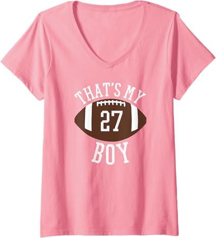 Womens That's My Boy #27 Football Number 27 Jersey Football Mom Dad V-Neck T-Shirt, L