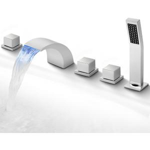 SKOWLL Waterfall Bathtub Faucet Deck Mount Tub Filler with Sprayer Polished Chrome 5-Hole Set with LED Spout and Handheld Shower