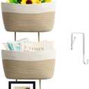 TeoKJ Over the Door Hanging Basket, 3-Tier Woven Cotton Wall-Mounted Storage Organizer Bag Decorative Hanging Kitchen Baskets - White + Jute