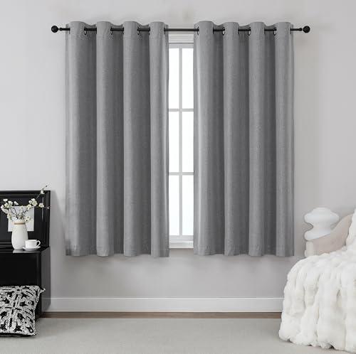 THOOO 100% Blackout Curtains Natural Linen Textured Blackout Curtains 63 Inch Length for Bedroom Living Room Nursery, Farmhouse Thermal Insulated Grommet Curtains Room Darkening 2 Panels,Dark Grey One Curtain Missing