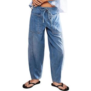 Barrel Jeans for Women Stretch Elastic Waist Pull-on Wide Leg Baggy Pants Lightweight Casual Crop Denim with Drawstring (Large, Flutter New) Barrel Jeans for Women Stretch Elastic Waist Pull-on Wide Leg Baggy Pants Lightweight Casual Crop Denim with Drawstring (Large, Flutter New)