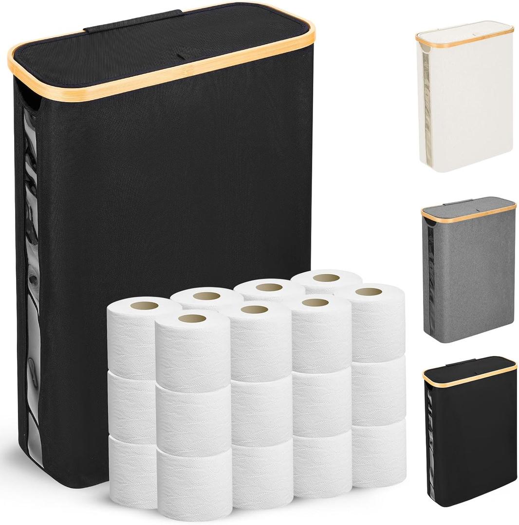 Odonata Large Toilet Paper Storage Basket with Lid, Slim Toilet Paper Organizer, Hold up to 20 Regular Rolls or 15 Mega Rolls. (Black, 49L)