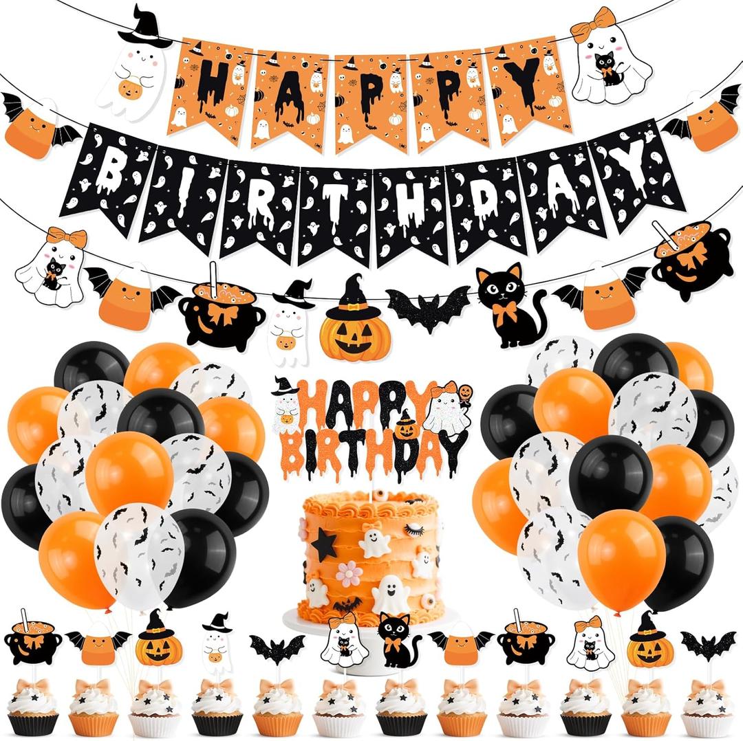 Orange Black Halloween Happy Birthday Decor Cute Ghost Banner Cake Topper Balloons for Halloween Theme Birthday Party The Spooky One Little Boo Happy Boo Day Party Supplies