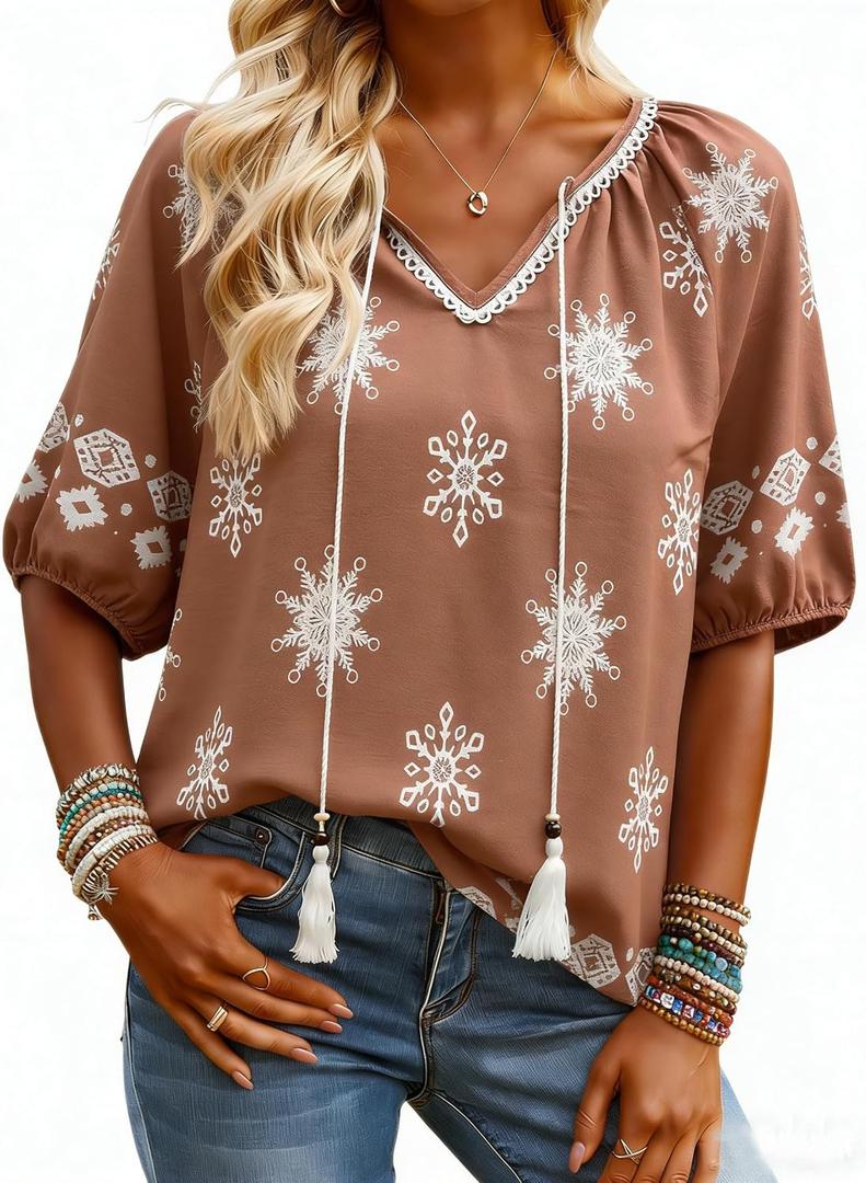 Halife Womens Flowy Boho Summer Tops Tassel Tie V Neck Short Sleeve Blouses (Brown, XL)