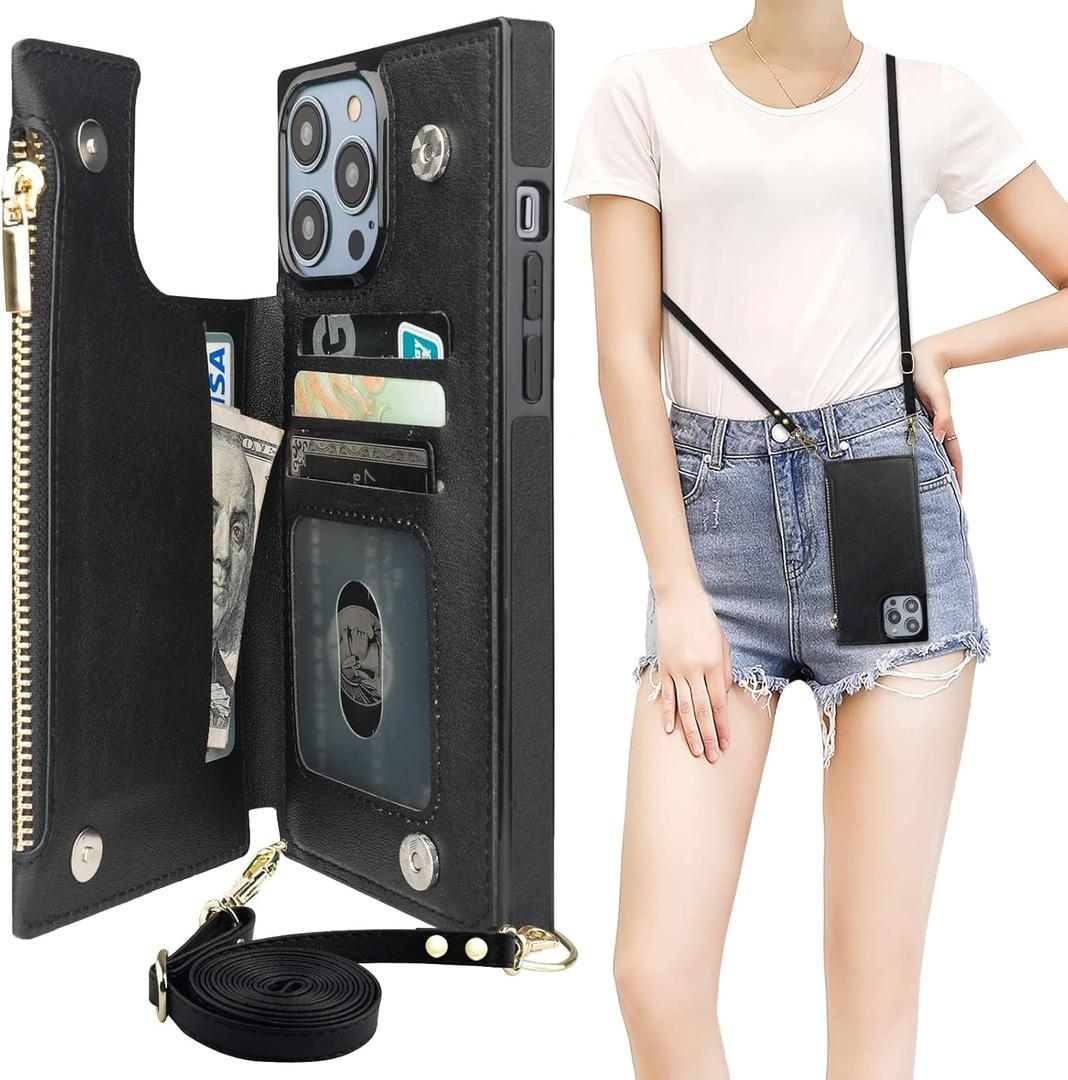 Bocasal Crossbody Wallet Case for iPhone 14 Pro Max with RFID Blocking Card Slot Holder, Magnetic Flip Folio Purse Case, PU Leather Zipper Handbag with Detachable Lanyard Strap 6.7 Inch 5G (Black)