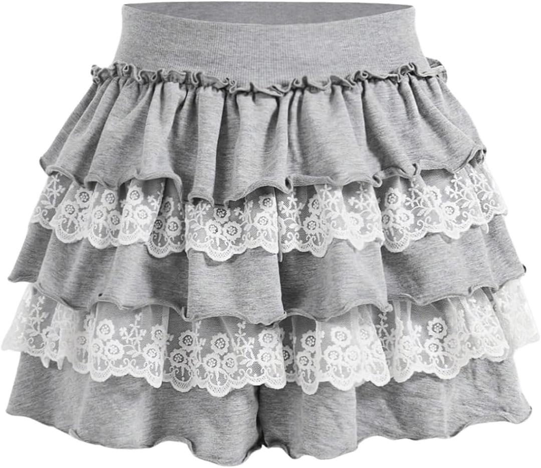 SHENHE Women's Y2k Ruffle Shorts Tiered Layer Lace High Waist Kawaii Coquette Shorts (L)
