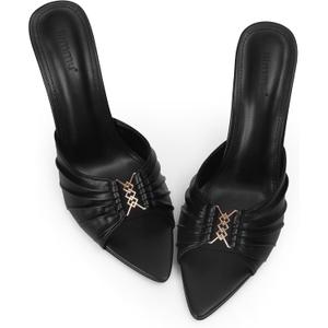 iiimmu 3.5 IN Stiletto Mules High Heels with Pointed Peep Toe Heeled Sandals Faux Leather (Pu Leather-black, 7.5)