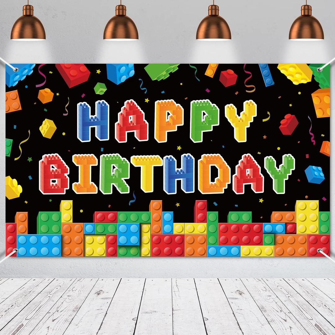 Panelee Building Block Birthday Banner Building Blocks Party Backdrop Decoration Happy Birthday Banner Photography Background for Party, 72.8 x 43.3 Inch(Black)