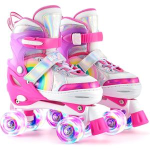 SULIFEEL Rainbow Unicorn 4 Size Adjustable Light up Roller Skates for Girls Boys for Kids (Small - Little Kid)