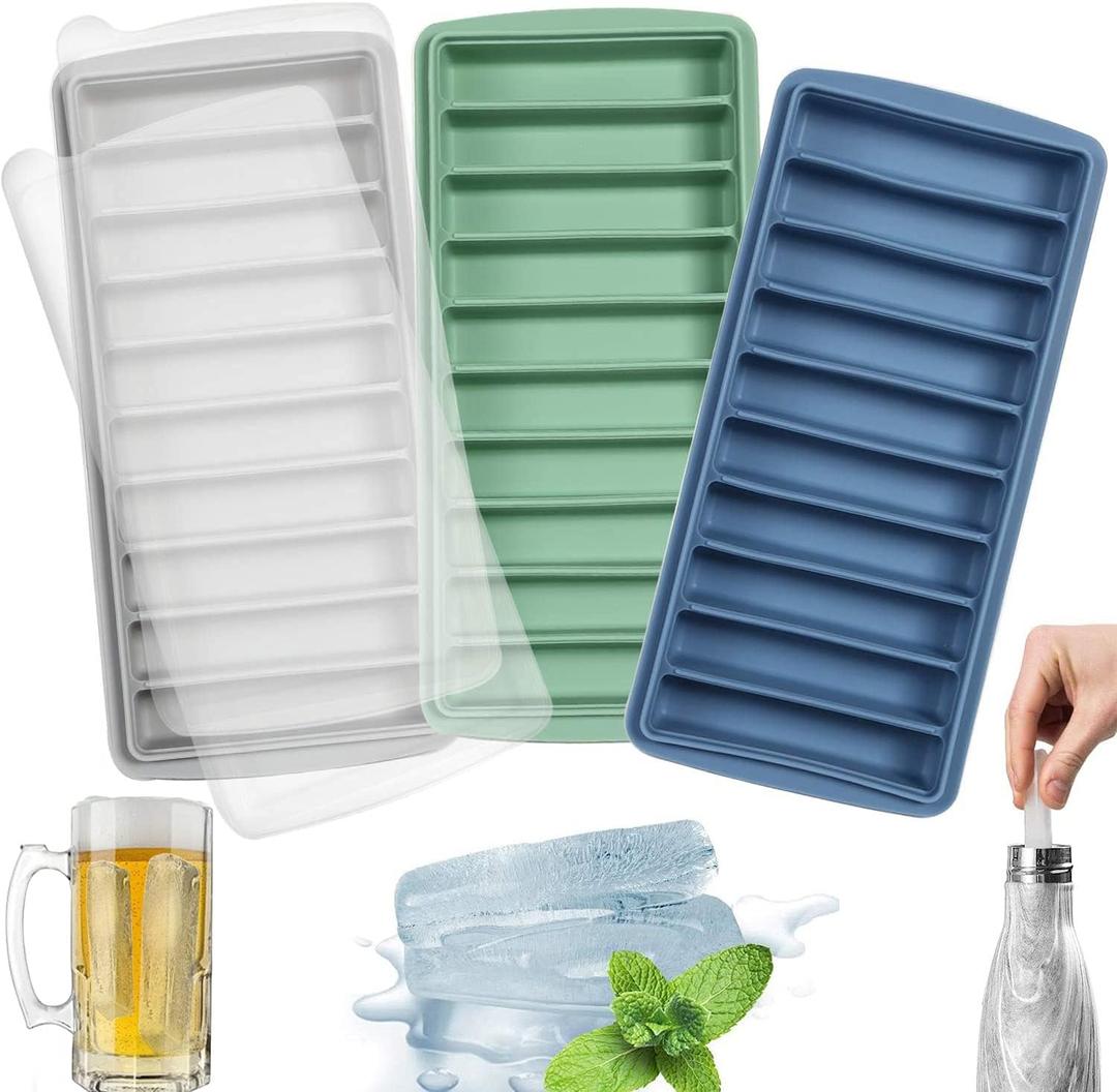 LessMo 3 PCS Ice Cube Tray, Long Ice Stick Tray Silicone with Lid, Rectangular Narrow Stick, Reusable, Flexible, Easy Release, for Small Mouth Sport Bottles, Juice Bottles, Cocktail Parties (Blue+Green+Gray)