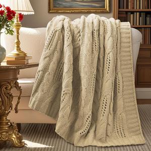 Amlie Home Chunky Knit Throw Blanket, Dual-Sided Soft Chenille Breathable Cable Knitted Blanket for Couch, Farmhouse Decorative Throw for Sofa & Chair, 60"x80", Beige