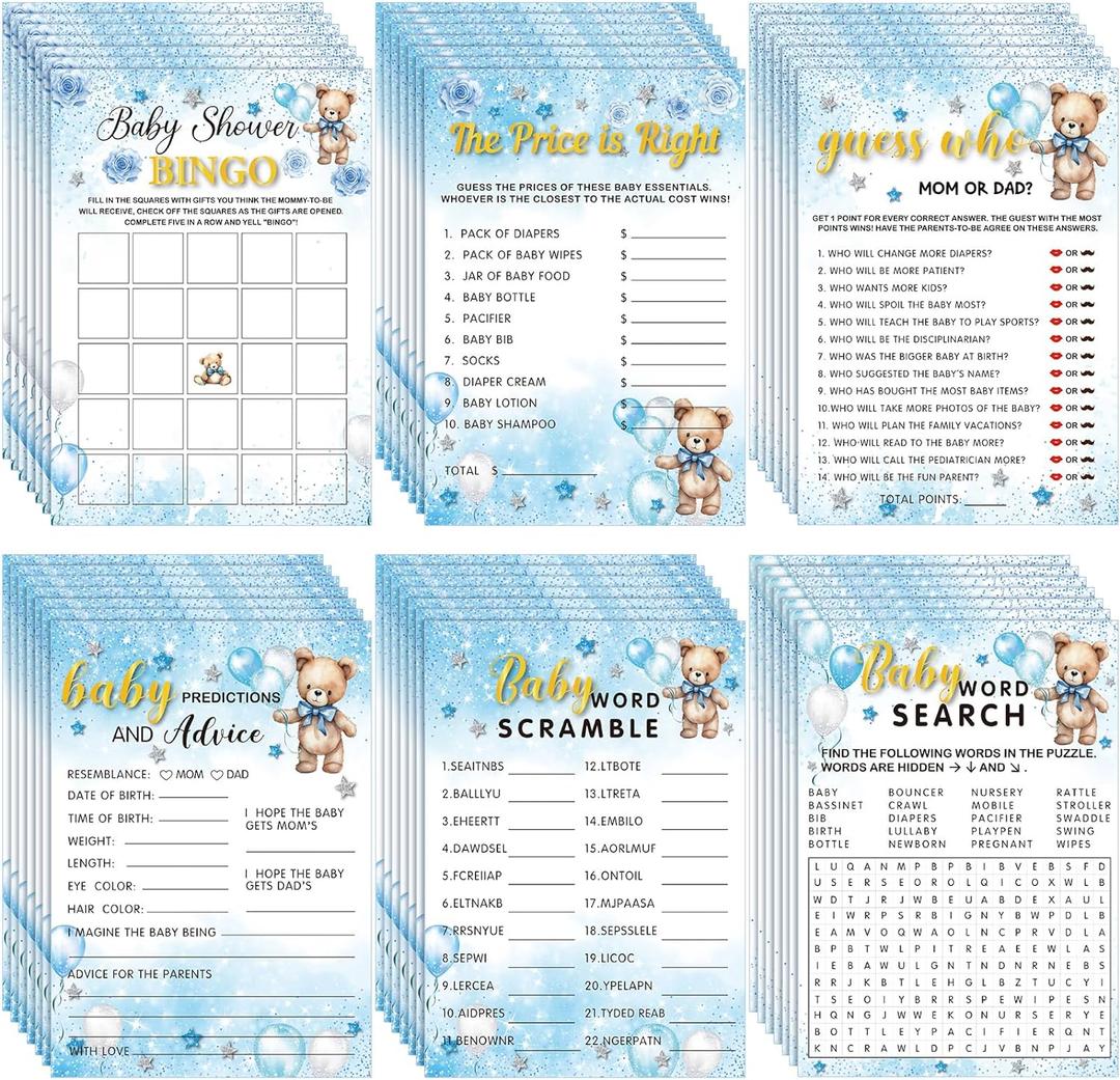 Jetec 302 Pcs Bear Baby Shower Games Set 6 Games Include Baby Shower Word Scramble Word Search Predictions and Advice The Price is Right Guess Mom or Dad(Blue Bear)