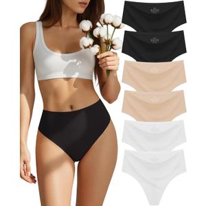 sosusu Seamless Underwear for Women Cotton Thongs High Waisted Soft Breathable No Show Panties Invisible Stretch 6 Pack (US, Alpha, Large, Regular, Regular, D1-2 Black, 2 Skin and 2 White)