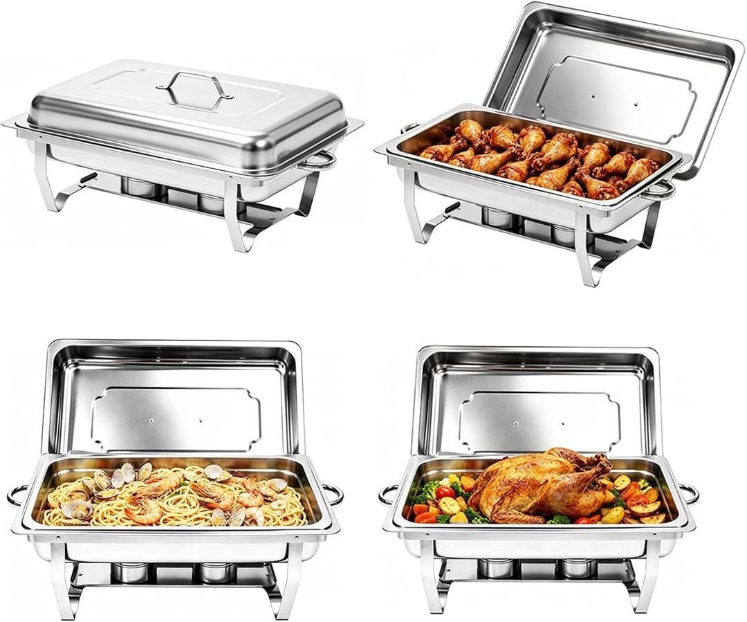 9QT Chafing Dishes for Buffet, 4 Pack Stainless Steel Buffet Servers and Warmers, Rectangular Chafing Dish Buffet Set, Food Warmers for Parties Gatherings Banquet, Buffet, Party, Wedding, Silver