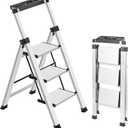 XinSunho 3 Step Ladder, Retractable Handgrip Folding Step Stool Ladders with Anti-Slip Wide Pedal, Aluminum 3 Steps, 330lbs Safety Household Ladder (Silver)